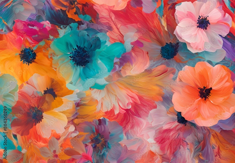 Beautiful abstract digital oil painting pictures of multicolored flowers,
