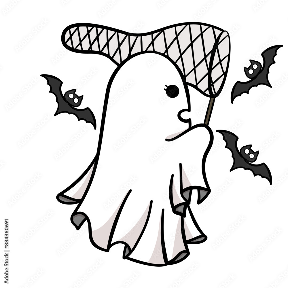 Fototapeta premium Cute cartoon ghost catch a bat in Halloween illustration 