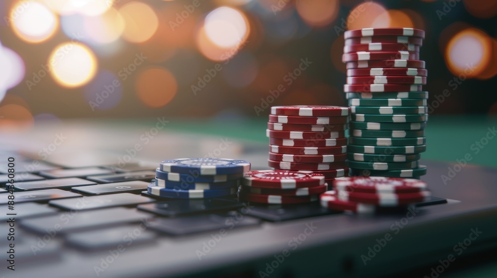 Fototapeta premium Stylish online casino interface promoting poker games, emphasizing betting excitement, high stakes wagering, and the risks and rewards of gambling