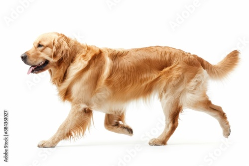 a dog is walking on a white surface