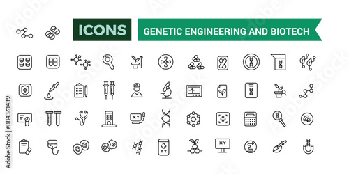 Genetic engineering and biotech icons collection. Outline icons pack. Editable vector line icon set and illustration for web and UI application.
