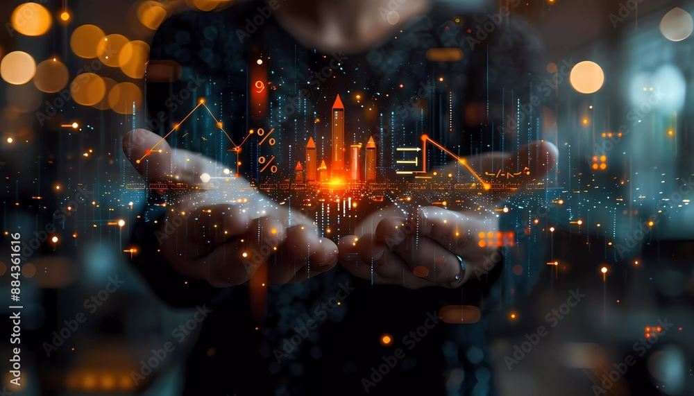 Fototapeta premium Next-gen AI for Financial Growth Strategies, futuristic approach to financial growth strategies using AI, businessman holding up arrow icon and percentage symbols, investment growth