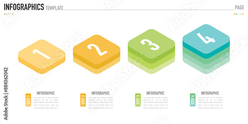 Rectangular isometric infographic template or element with 4 step, process, option, colorful rectangle, bar, column, arrow, minimal style, slide