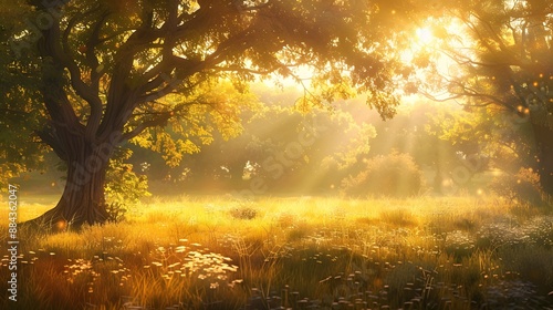 Sunlit meadow with golden hues, providing a warm and inviting background for various projects. 