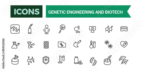 Genetic engineering and biotech icons collection. Outline icons pack. Editable vector line icon set and illustration for web and UI application.