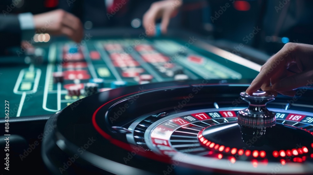 Obraz premium Virtual roulette table with players placing bets, digital odds displayed on screen, immersive online casino environment promoting the thrill of gambling