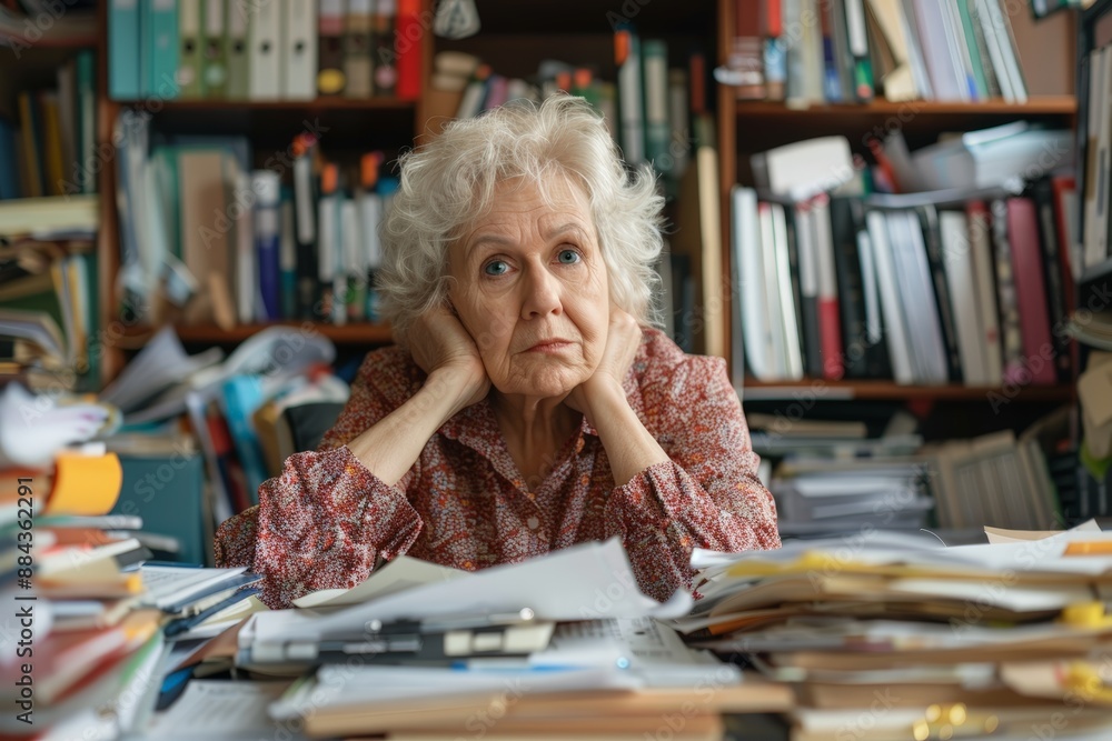 Stressed Senior Woman Surrounded by Piles of Paperwork at Cluttered Desk, Feeling Overwhelmed and Anxious Stressed Senior Woman Surrounded by Piles of Paperwork at Cluttered Desk, Feeling Overwhelmed and Anxious