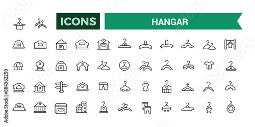 Hangar icons set. Outline set of hangar vector icons for ui design. Outline icons pack. Editable vector line icon set and illustration for web and UI application.