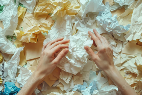 Paper Sorting for Recycling: Hands separating crumpled paper waste by type in eco-conscious effort. photo