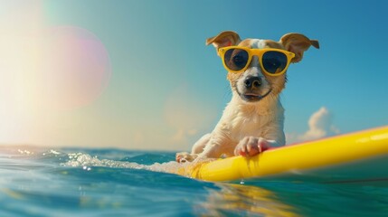 A dog wearing sunglasses and a yellow surfboard is riding a wave in the ocean
