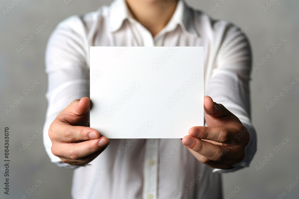 Man in white shirt holding a blank white card towards the camera, inviting for customization Man in white shirt holding a blank white card towards the camera, inviting for customization