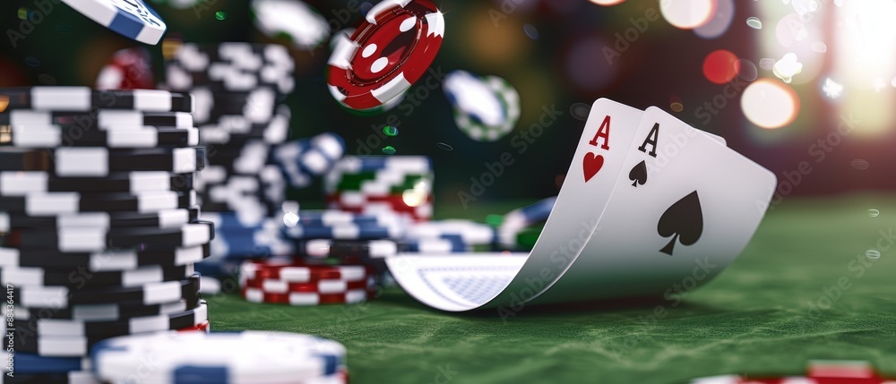 Obraz premium Engaging online poker advertisement, with a spotlight on Texas Hold'em gameplay, including cards, chips, and a thrilling bluffing scene