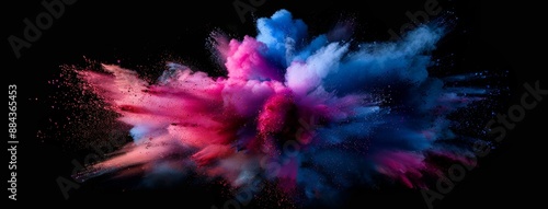 A vibrant explosion of pink, purple, and blue paints bursts forth against a black background, showcasing dynamic energy.