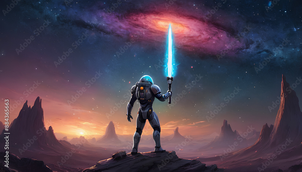 Galactic Warrior on Alien Planet with Cosmic Sword Galactic Warrior on Alien Planet with Cosmic Sword