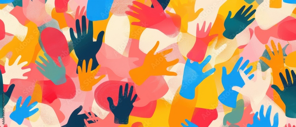A colorful painting of many hands with a message of unity and togetherness A colorful painting of many hands with a message of unity and togetherness