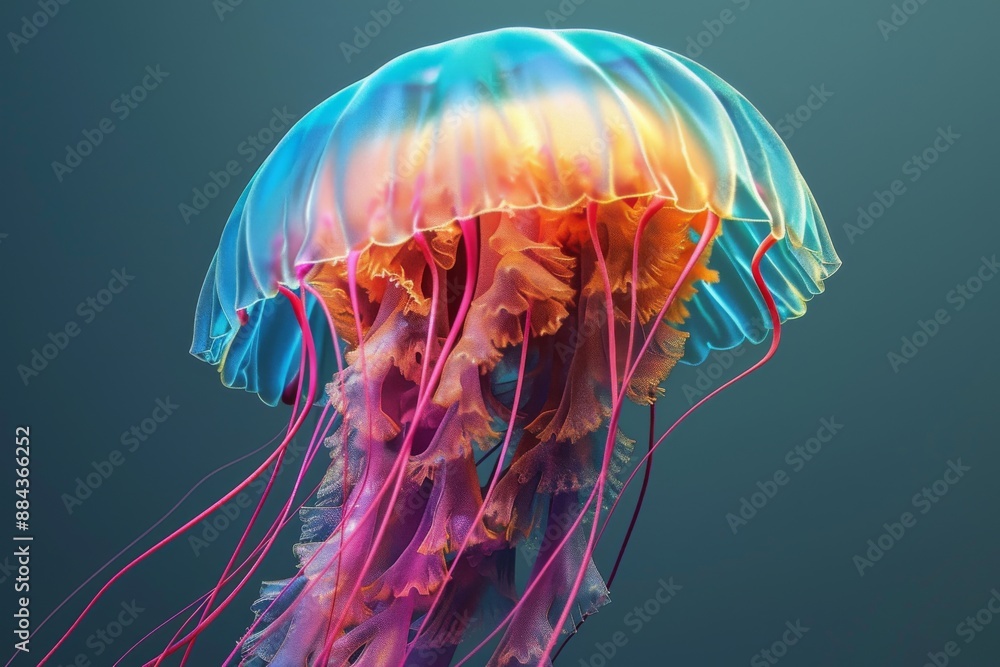 Witness the mesmerizing symphony of vibrant colors and intricate textures in this beautifully crafted 3D-textured jellyfish. Witness the mesmerizing symphony of vibrant colors and intricate textures in this beautifully crafted 3D-textured jellyfish.