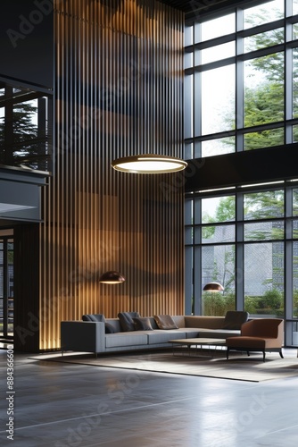 Ultra sharp photo of modern dark open living room with grey sofa, oak wood panels, and panoramic