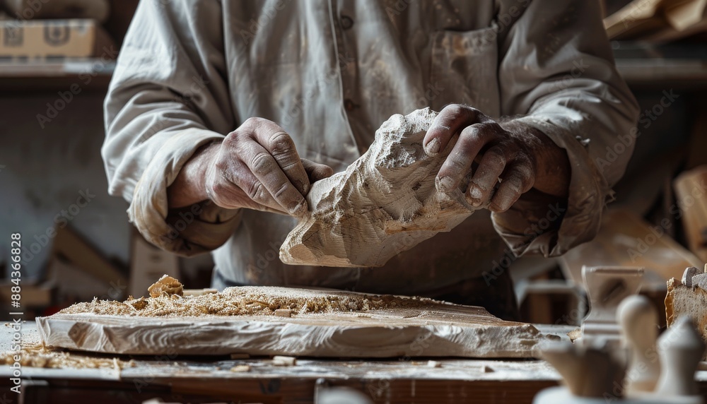 Ultra sharp photo of a sculptor working with wood in the studio, showcasing craftsmanship Ultra sharp photo of a sculptor working with wood in the studio, showcasing craftsmanship