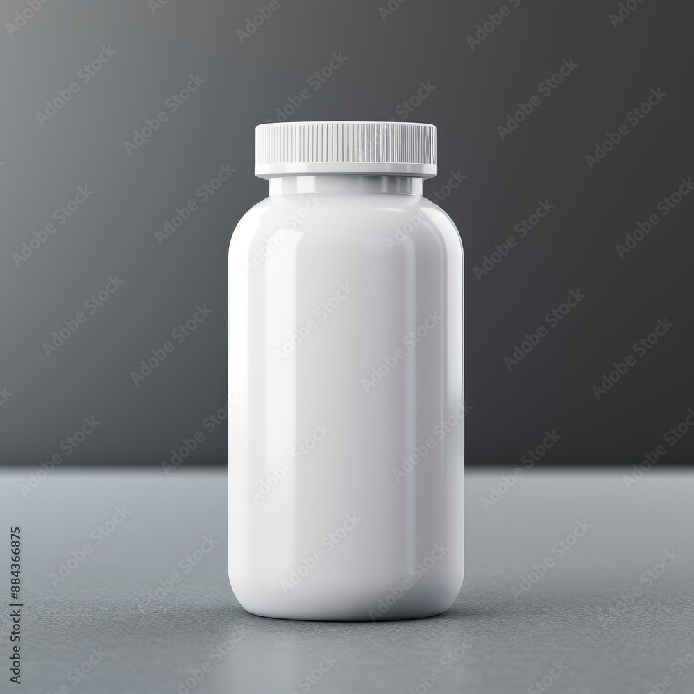 Template shablon for white plastic medicine package container bottle with empty blank surface for sticker brand logo. Mockup mock-up. Copy space for text. Isolated on gray background Template shablon for white plastic medicine package container bottle with empty blank surface for sticker brand logo. Mockup mock-up. Copy space for text. Isolated on gray background