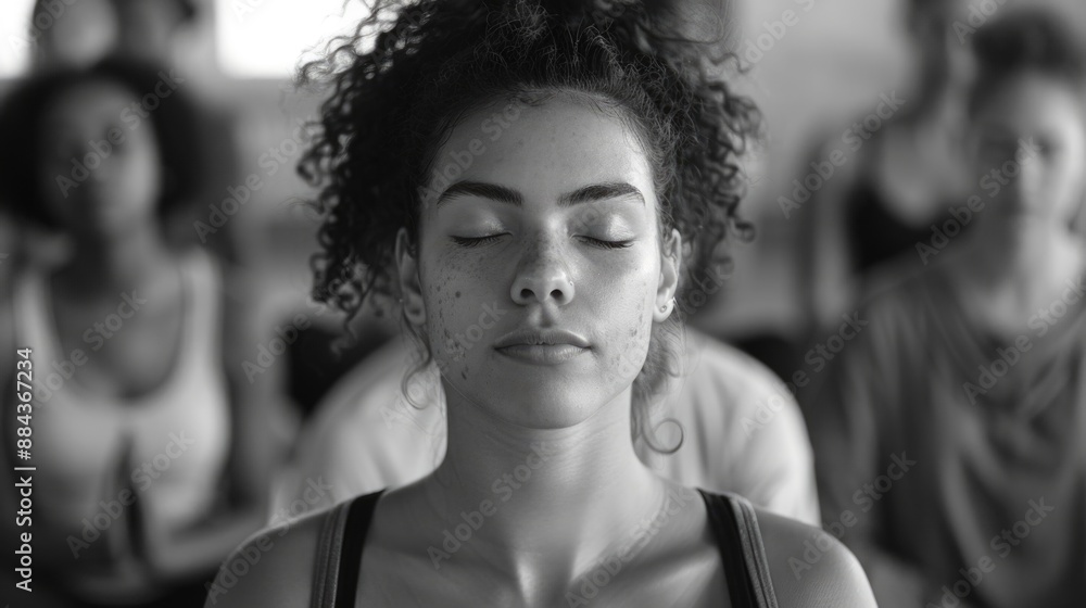 A woman practicing yoga with her eyes closed, surrounded by other yogis A woman practicing yoga with her eyes closed, surrounded by other yogis
