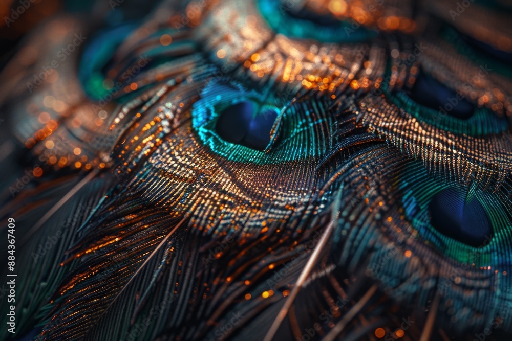 Naklejka premium Experience the mesmerizing beauty of peacock feathers in stunning 3D detail, showcasing their iridescence and intricate texture.