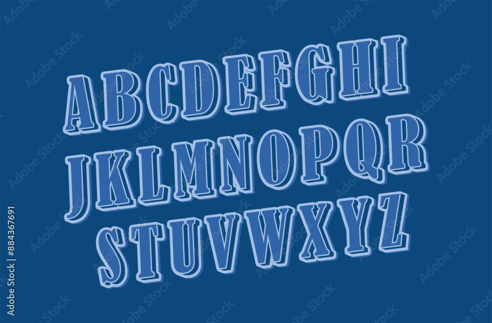 Fototapeta premium 3D Alphabets ABC IFC RAILROAD Blue Font, antique style font with neon green edges.