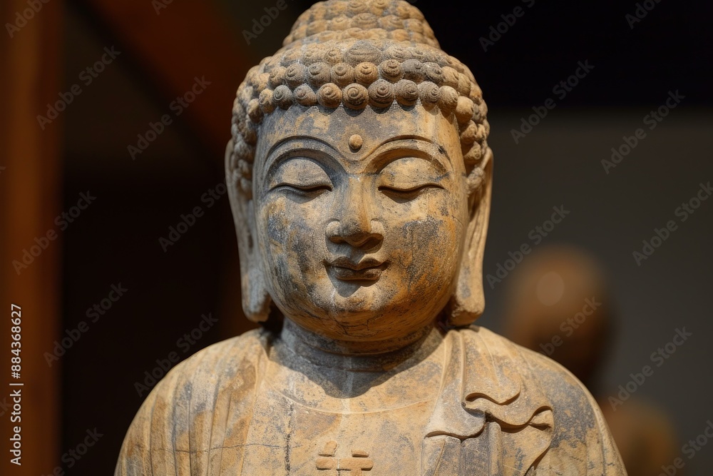 Detailed image of a calm buddha face carved in stone with a soft-focus background Detailed image of a calm buddha face carved in stone with a soft-focus background