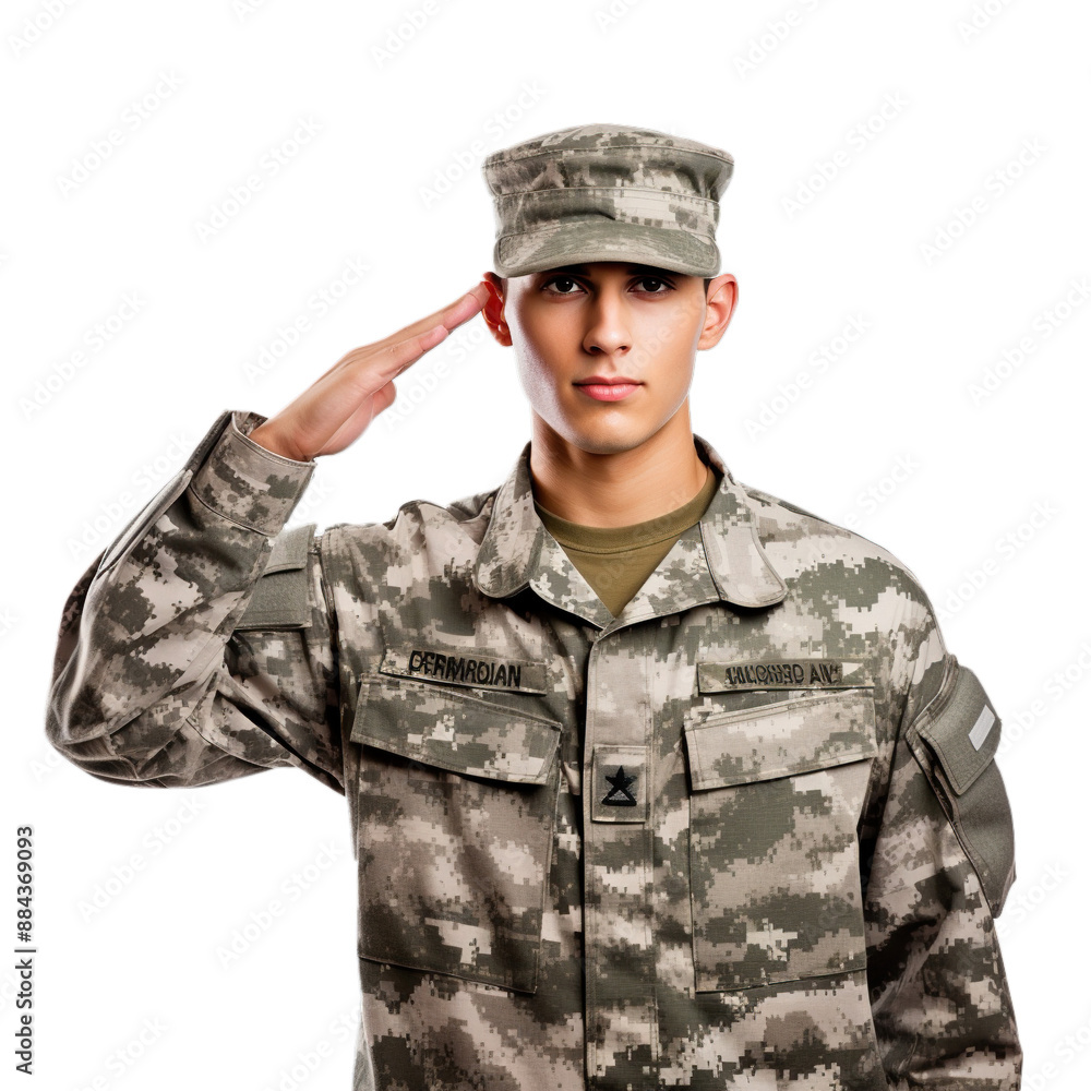 A soldier in combat helmet saluting isolated on transparent background. A soldier in combat helmet saluting isolated on transparent background.