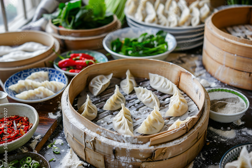 Steamed Dumplings in Bamboo Steamer. Steamed Dumplings in Bamboo Steamer.