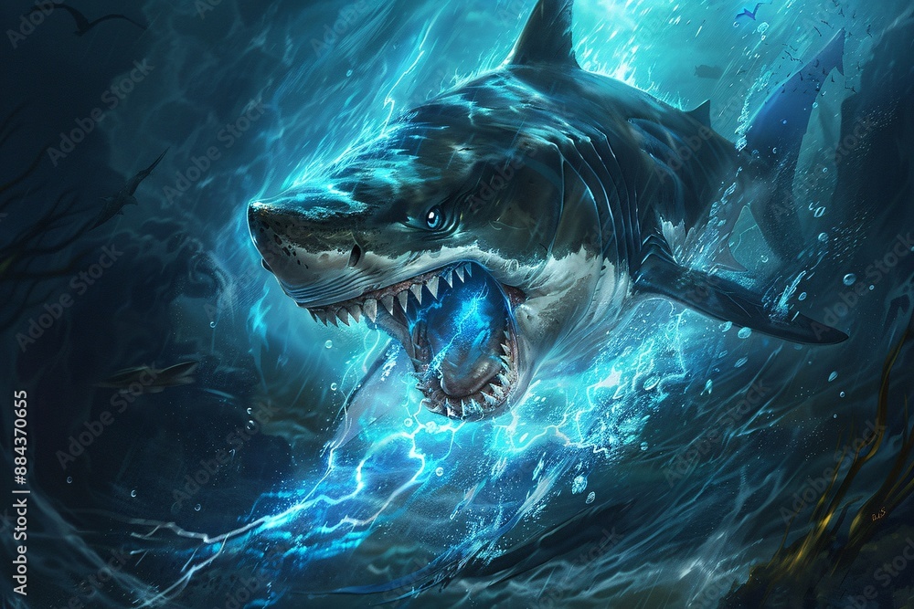 Obraz premium A vivid illustration of a ferocious shark emerging from the depths with lightning-like energy radiating around. The dark and vibrant blue hues create a dramatic and intense underwater scene.