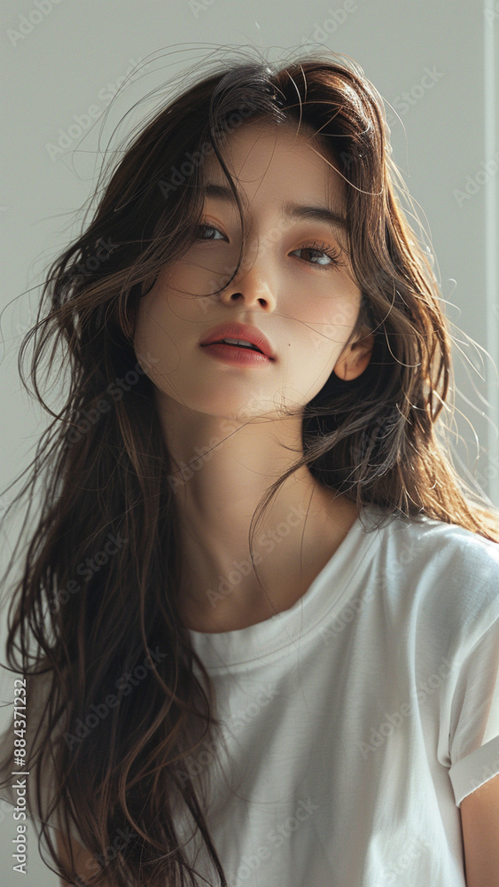 A striking portrait of a young Asian woman wearing an white t-shirt, exuding natural beauty and contemporary style. A striking portrait of a young Asian woman wearing an white t-shirt, exuding natural beauty and contemporary style.