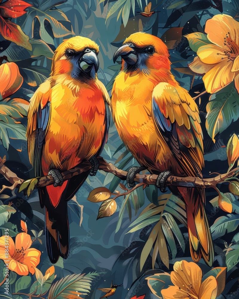 Fototapeta premium Lush Tropical Rainforest Scene with Exotic Birds Perched on Colorful Branches - Nature Background with Copy Space for Text