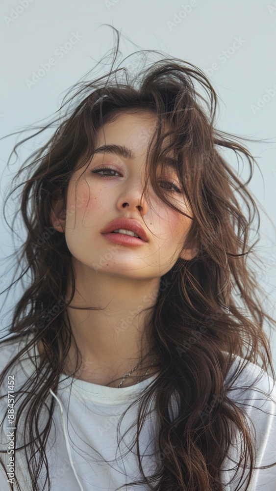 A striking portrait of a young Asian woman wearing an white t-shirt, exuding natural beauty and contemporary style. A striking portrait of a young Asian woman wearing an white t-shirt, exuding natural beauty and contemporary style.
