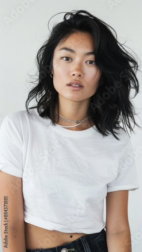 A striking portrait of a young Asian woman wearing an white t-shirt, exuding natural beauty and contemporary style.