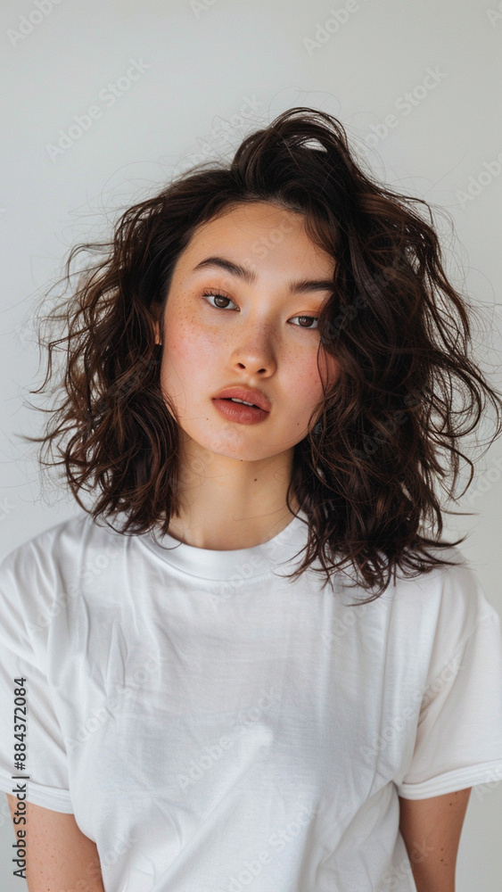 A striking portrait of a young Asian woman wearing an white t-shirt, exuding natural beauty and contemporary style. A striking portrait of a young Asian woman wearing an white t-shirt, exuding natural beauty and contemporary style.