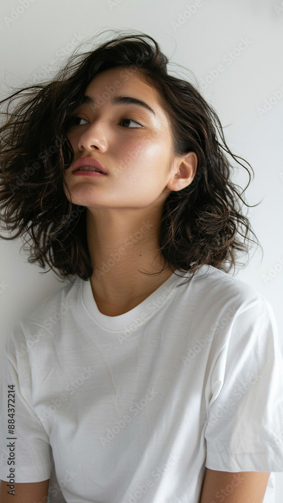A striking portrait of a young Asian woman wearing an white t-shirt, exuding natural beauty and contemporary style.