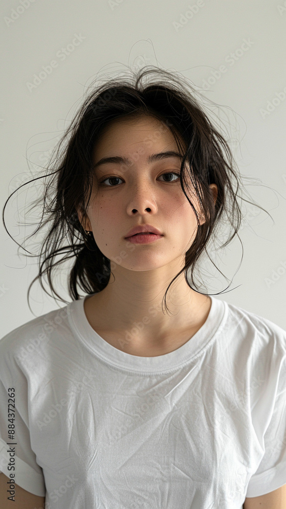 A striking portrait of a young Asian woman wearing an white t-shirt, exuding natural beauty and contemporary style. A striking portrait of a young Asian woman wearing an white t-shirt, exuding natural beauty and contemporary style.
