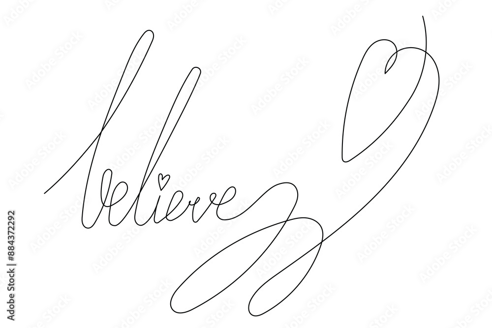 Fototapeta premium Line Art Believe Word Lettering Illustration. Hand Drawn Believe Motivational Message Note Line Art Template. Doodle Sketch Continuous Line Editable Vector Sketch Element. 