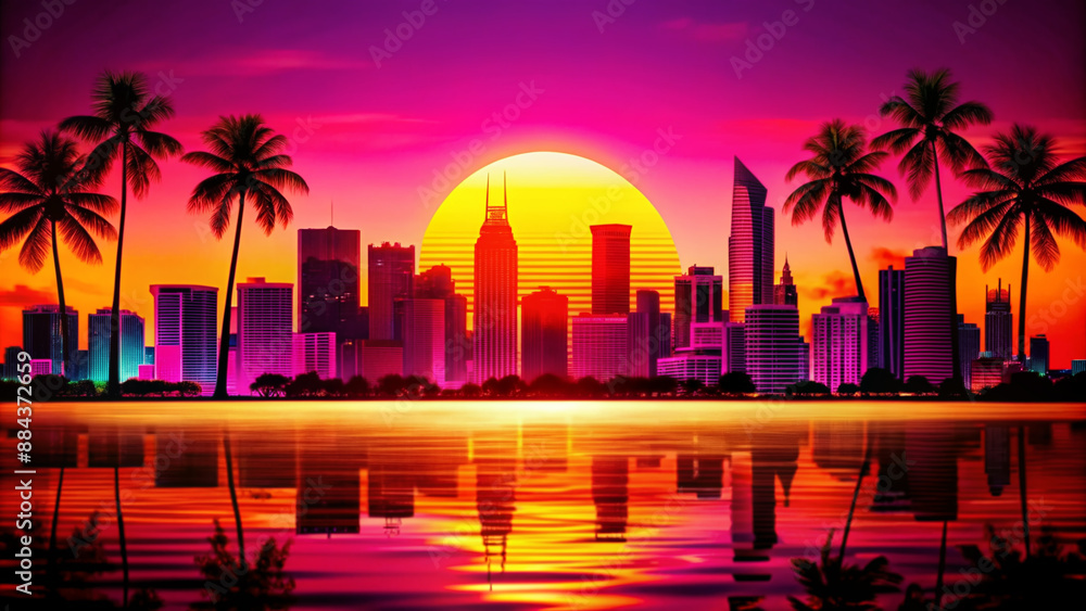 Obraz premium synth wave retro miami city landscape background at sunset digital illustration