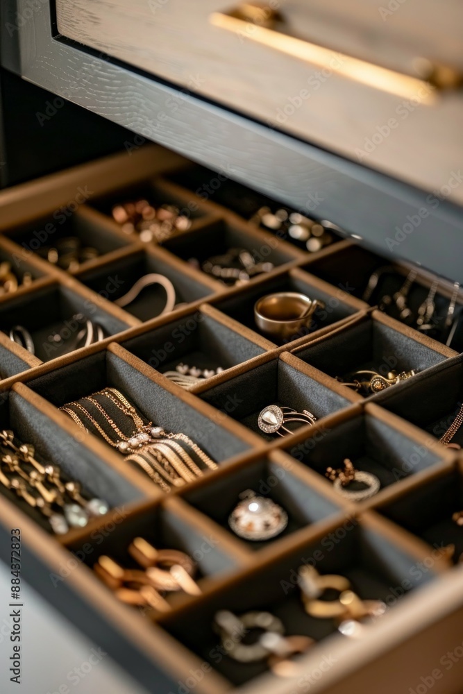 Jewelry organizer in bedroom dresser room, close-up view showcasing compartments functionality Jewelry organizer in bedroom dresser room, close-up view showcasing compartments functionality