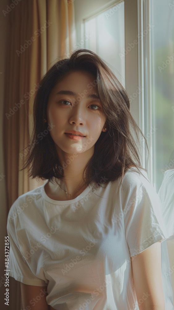 A striking portrait of a young Asian woman wearing an white t-shirt, exuding natural beauty and contemporary style. A striking portrait of a young Asian woman wearing an white t-shirt, exuding natural beauty and contemporary style.