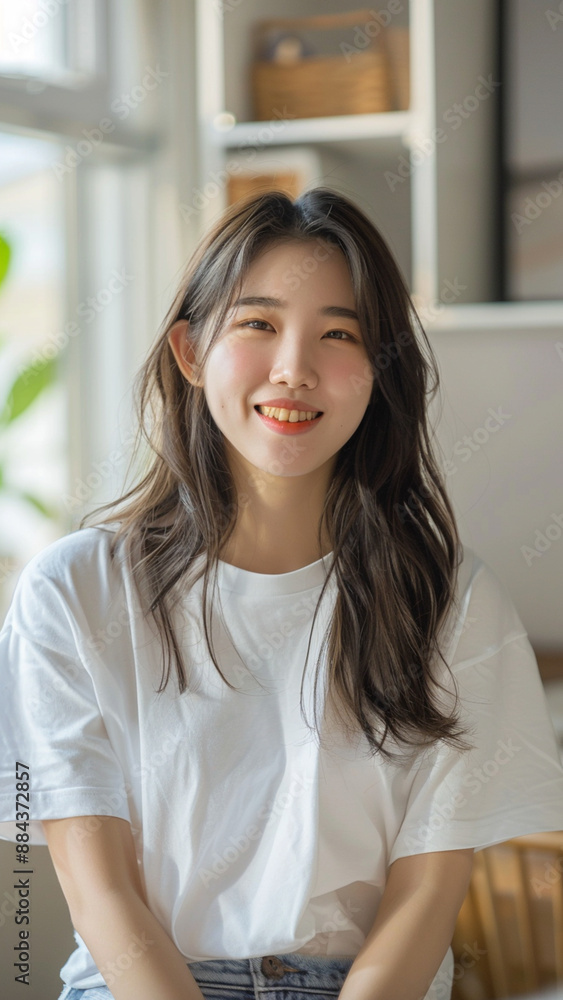 A striking portrait of a young Asian woman wearing an white t-shirt, exuding natural beauty and contemporary style. A striking portrait of a young Asian woman wearing an white t-shirt, exuding natural beauty and contemporary style.