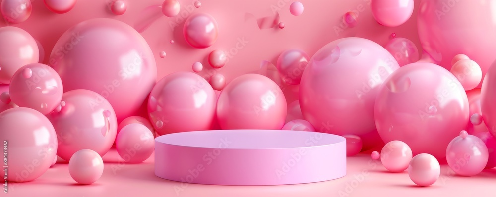 Pink podium with soft round spheres on pink background for product presentation Pink podium with soft round spheres on pink background for product presentation