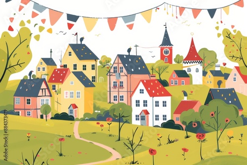A scenic village in Slovakia decorated with Slovak flag-themed banners and ribbons celebrating Constitution Day