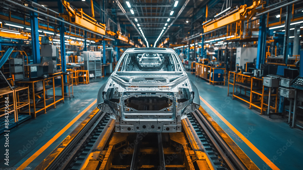 A car's skeletal frame, or chassis, in a manufacturing facility. The frame is suspended on a conveyor belt, surrounded by various machinery and equipment. Bright lights illuminate the area A car's skeletal frame, or chassis, in a manufacturing facility. The frame is suspended on a conveyor belt, surrounded by various machinery and equipment. Bright lights illuminate the area