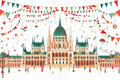 Colorful scene for Hungary's State Foundation Day, with red, white, and green decorations, flags, and banners, featuring 'STATE FOUNDATION DAY' text  photo