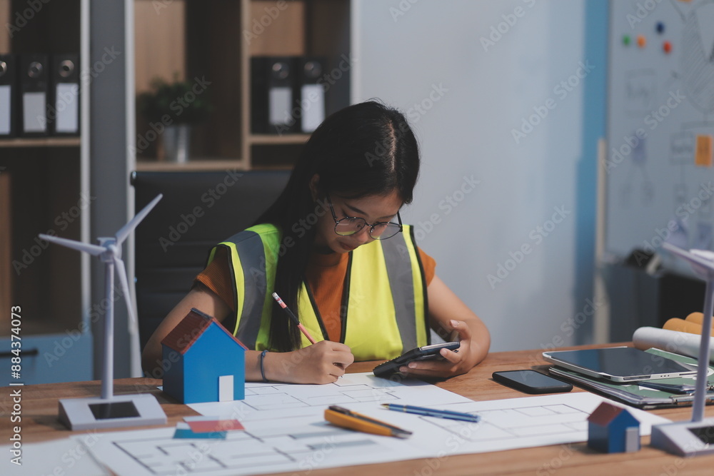 Female architect working at home She looked at the blueprint. Female architect working at home She looked at the blueprint.