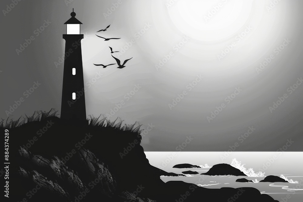 A towering lighthouse stands tall, its beam cutting through the ...