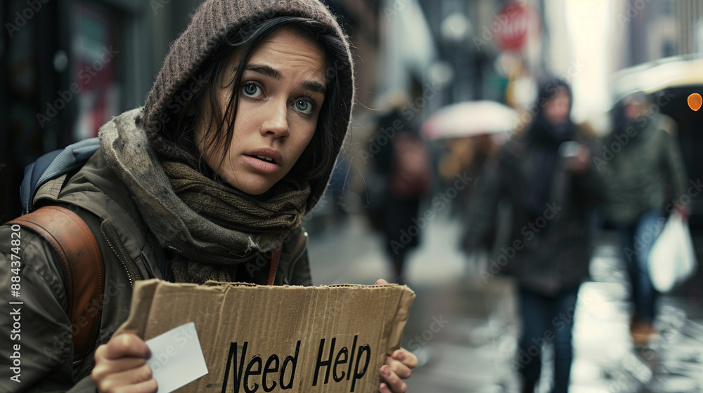 Need help. Unemployment. Middle-age woman without job holds a piece of cardboard with the inscription Need help. Unemployment. Middle-age woman without job holds a piece of cardboard with the inscription