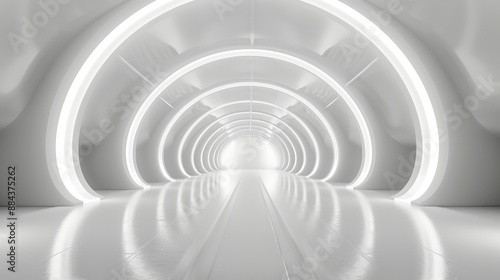 A futuristic white tunnel with curved arches and continuous LED lighting, embodying modern design and innovation.